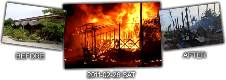 2011-02-26 SAT Scuba Junkie Mabul Beach Resort West wing on fire. Rooms Number 13 through Number 24