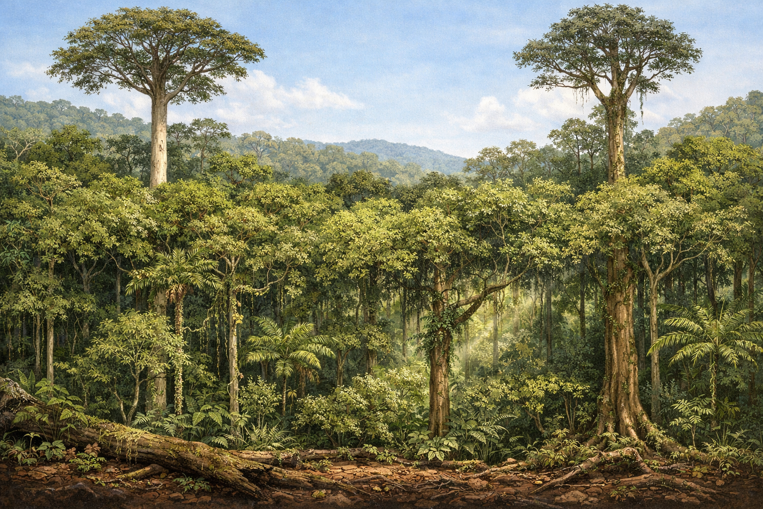 Vertical structure of a Bornean tropical rainforest showing forest layers from floor to canopy