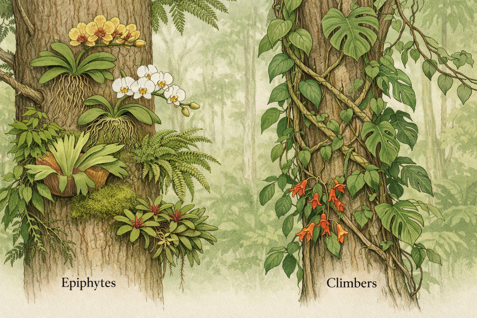 Epiphytes and climbers growing on tree trunks in a tropical rainforest