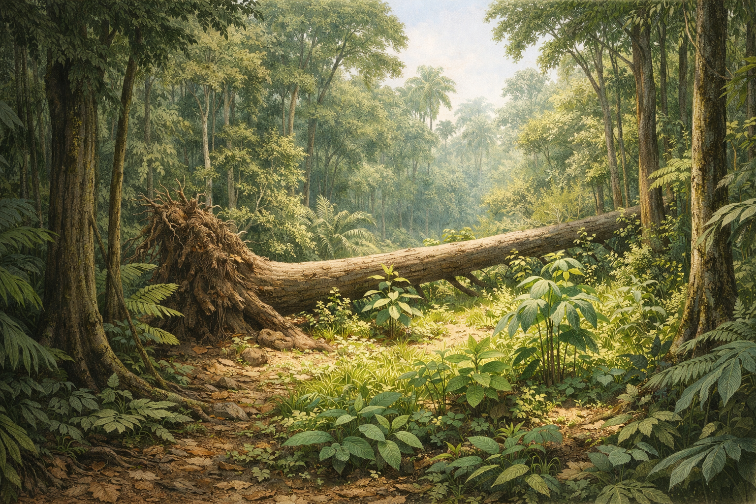 Tree fall creating a canopy gap and new plant growth in a tropical forest