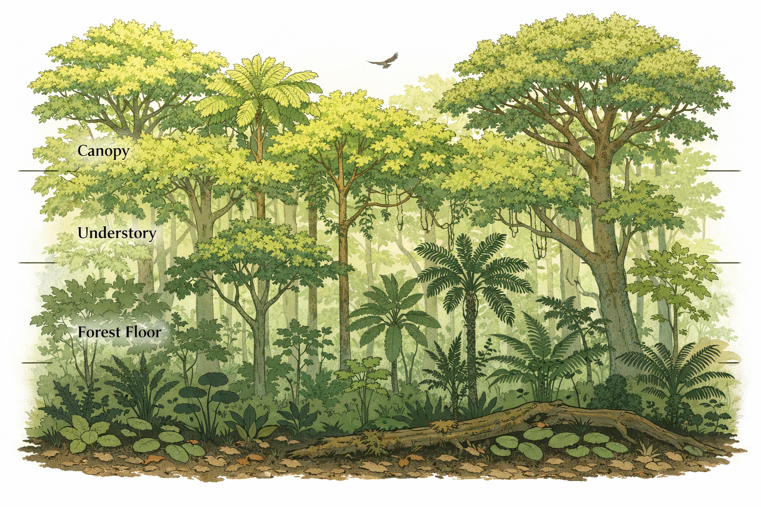 Light gradient in a tropical rainforest from canopy to forest floor