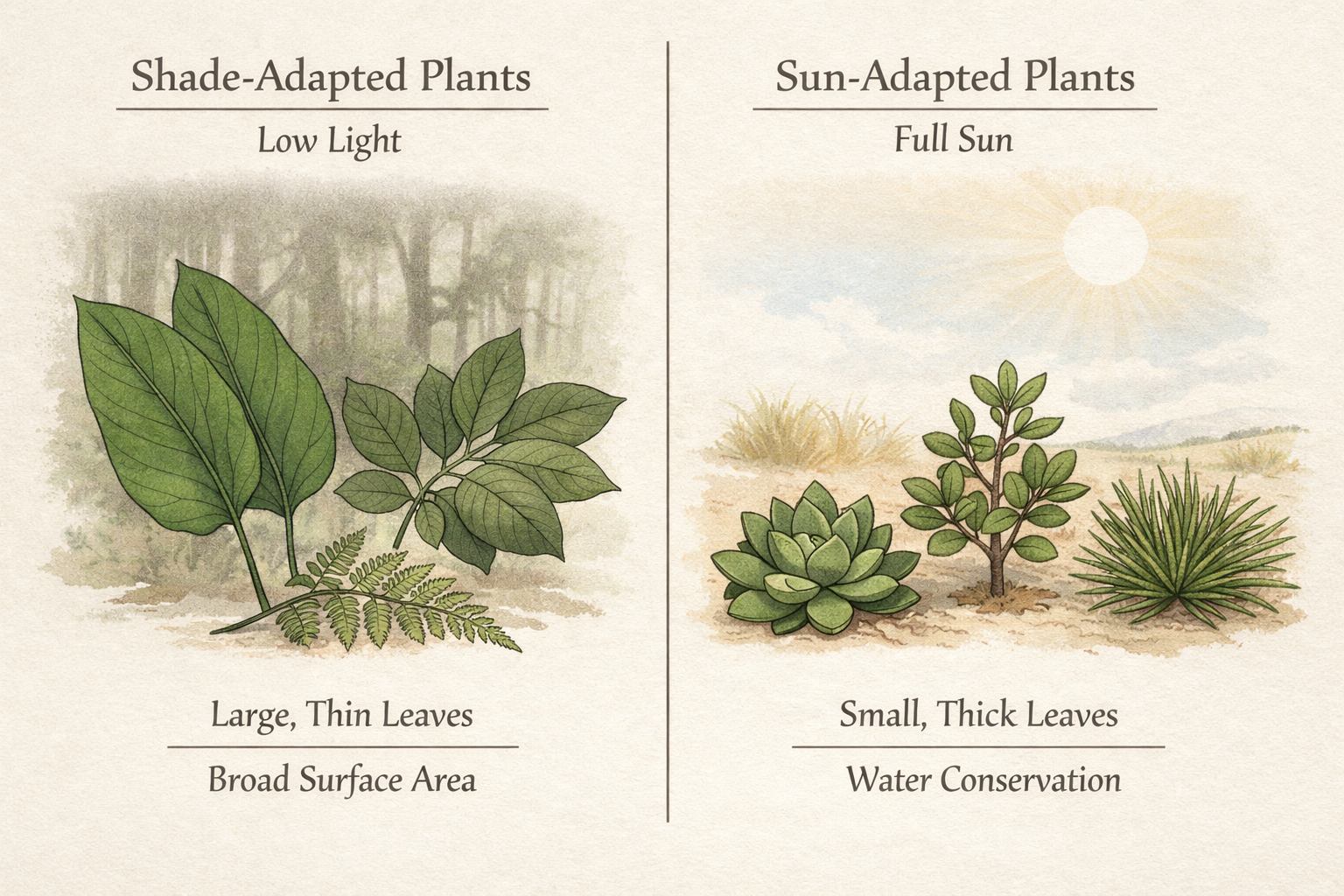 Comparison of large thin shade leaves and small thick sun leaves