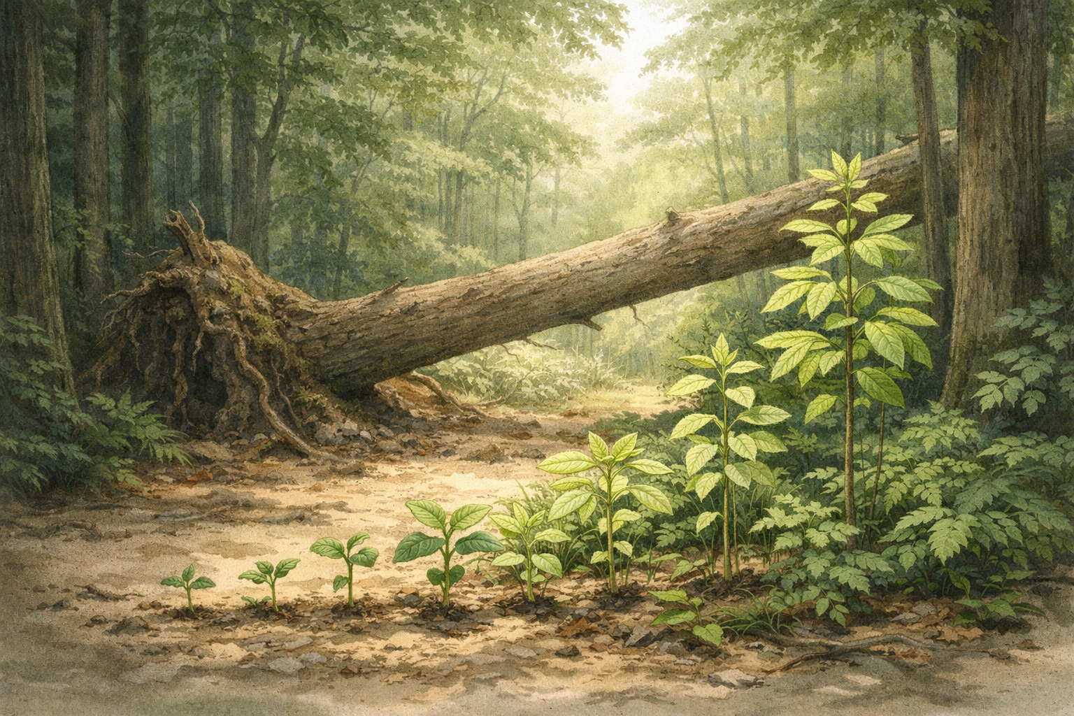 Young plants responding to increased light in a forest gap