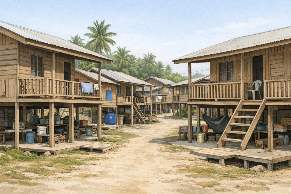 Raised timber houses in a Tawau village